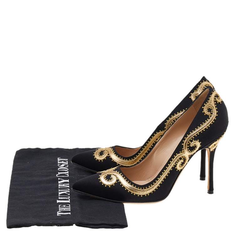 Pre Owned Manolo Blahnik Black Satin Embroidered Pointed Toe Pumps Size 36