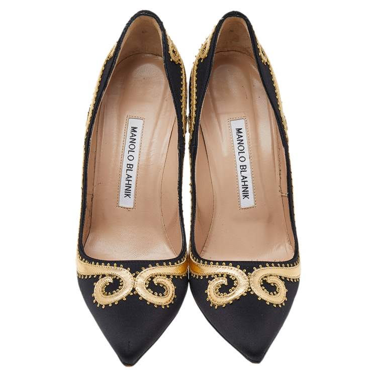 Pre Owned Manolo Blahnik Black Satin Embroidered Pointed Toe Pumps Size 36