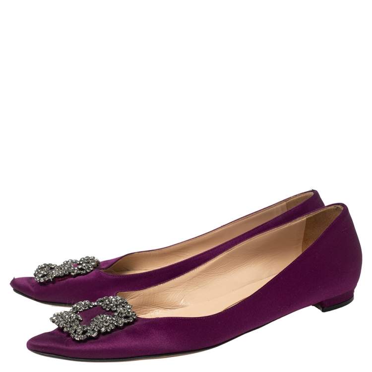 Pre Owned Manolo Blahnik Purple Satin Hangisi Ballet Flats Size 38