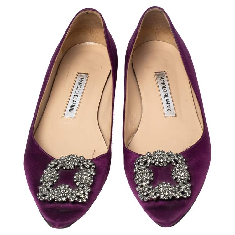 Pre Owned Manolo Blahnik Purple Satin Hangisi Ballet Flats Size 38