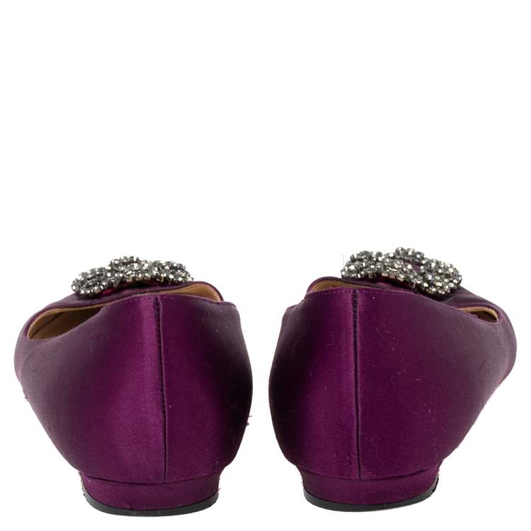 Pre Owned Manolo Blahnik Purple Satin Hangisi Ballet Flats Size 38