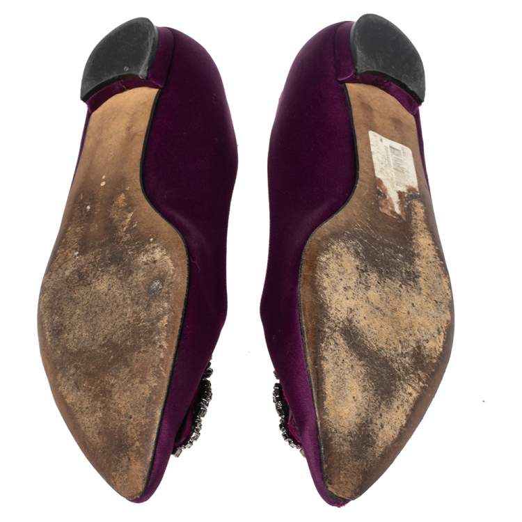 Pre Owned Manolo Blahnik Purple Satin Hangisi Ballet Flats Size 38