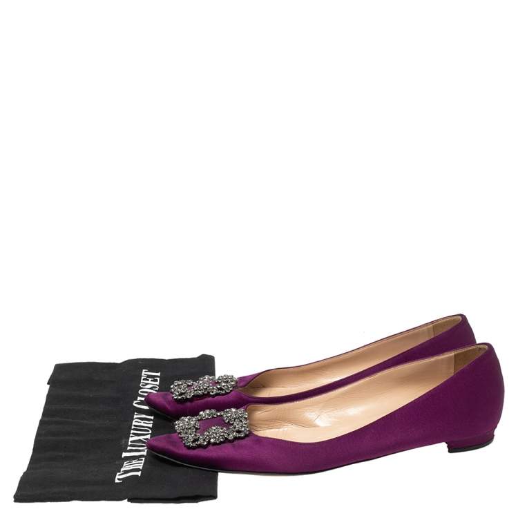 Pre Owned Manolo Blahnik Purple Satin Hangisi Ballet Flats Size 38