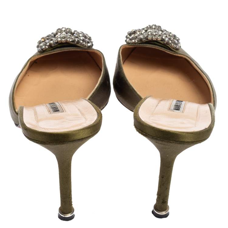 Pre Owned Manolo Blahnik Green Satin Hangisi  Mules Sandal Size 38