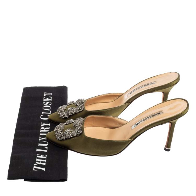 Pre Owned Manolo Blahnik Green Satin Hangisi  Mules Sandal Size 38