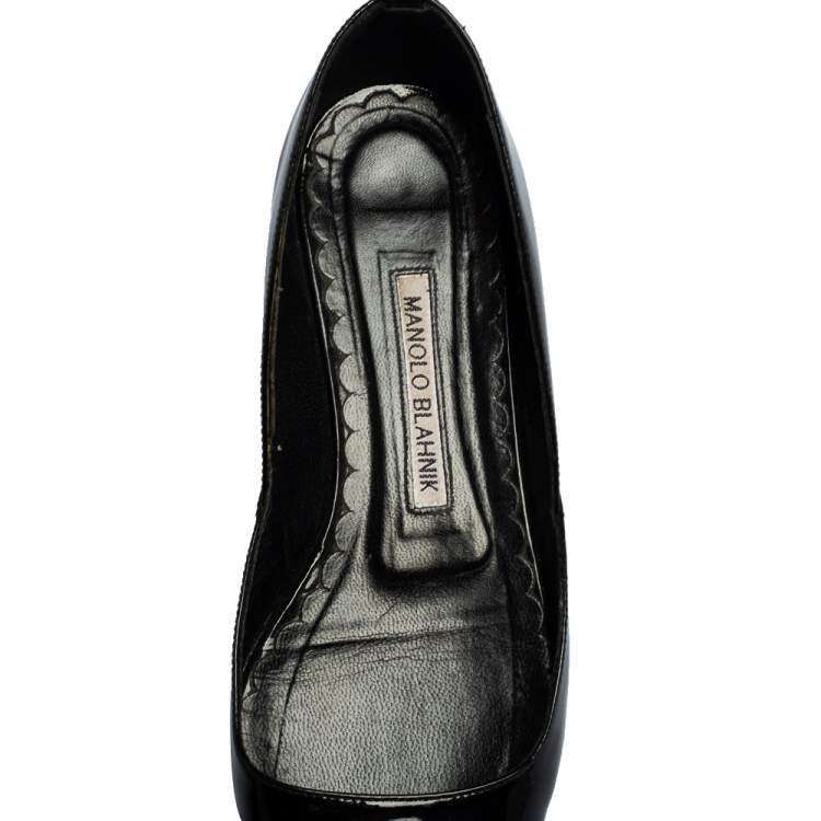 Pre Owned Manolo Blahnik Black Patent Leather Pointed Toe Ankle Strap Ballet Flats Size 37
