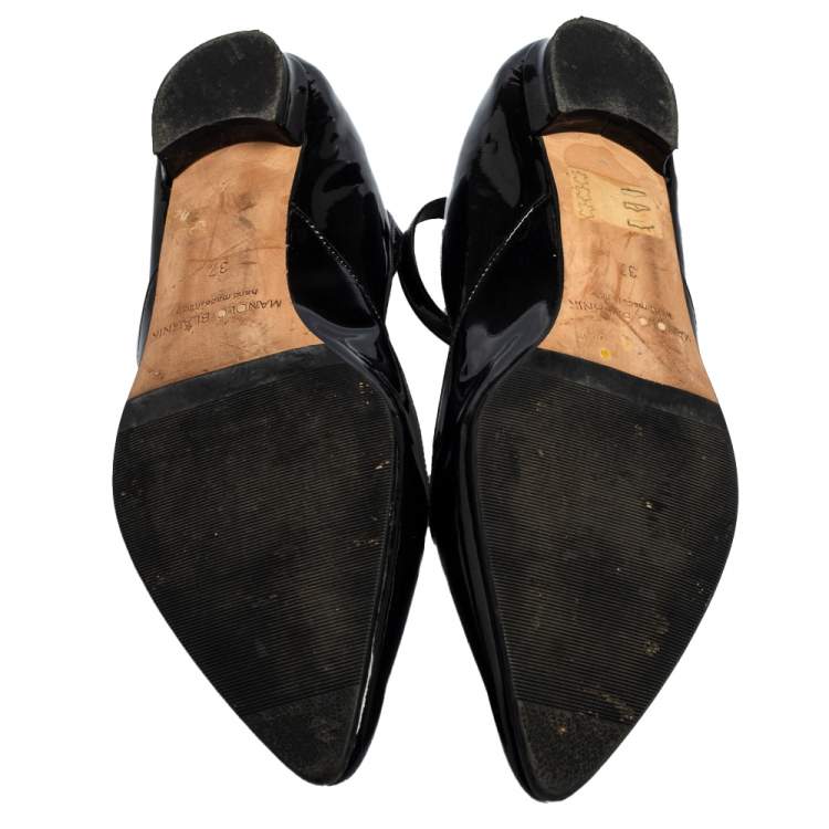 Pre Owned Manolo Blahnik Black Patent Leather Pointed Toe Ankle Strap Ballet Flats Size 37