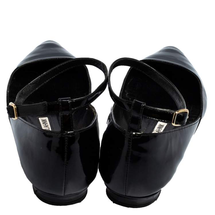 Pre Owned Manolo Blahnik Black Patent Leather Pointed Toe Ankle Strap Ballet Flats Size 37