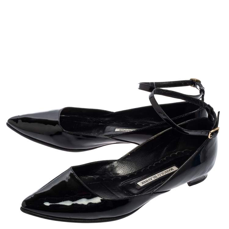 Pre Owned Manolo Blahnik Black Patent Leather Pointed Toe Ankle Strap Ballet Flats Size 37
