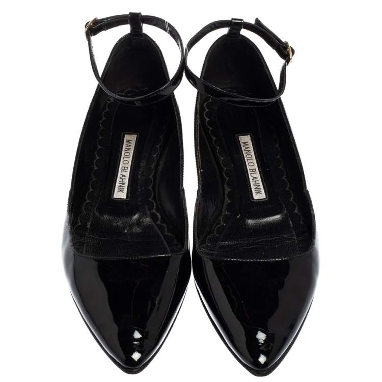 Pre Owned Manolo Blahnik Black Patent Leather Pointed Toe Ankle Strap Ballet Flats Size 37