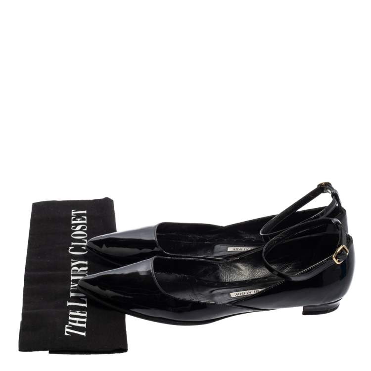 Pre Owned Manolo Blahnik Black Patent Leather Pointed Toe Ankle Strap Ballet Flats Size 37