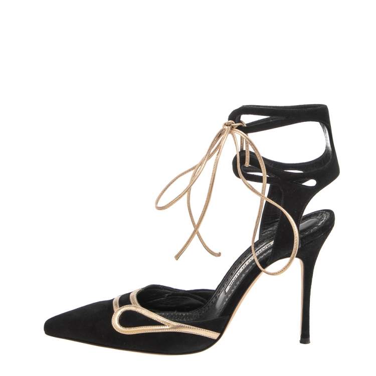 Pre Owned Manolo Blahnik Black Suede Pointed Toe Ankle Tie Sandals Size 39