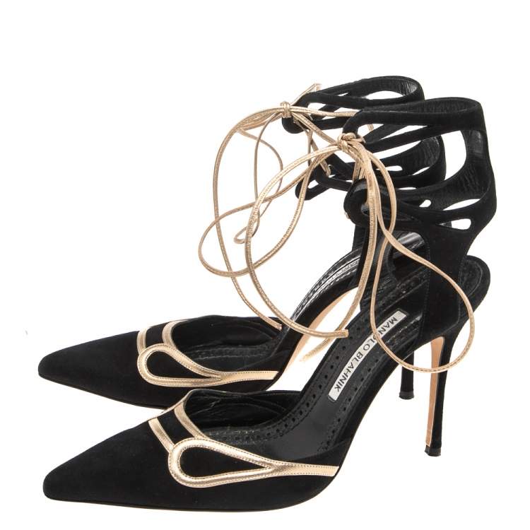 Pre Owned Manolo Blahnik Black Suede Pointed Toe Ankle Tie Sandals Size 39