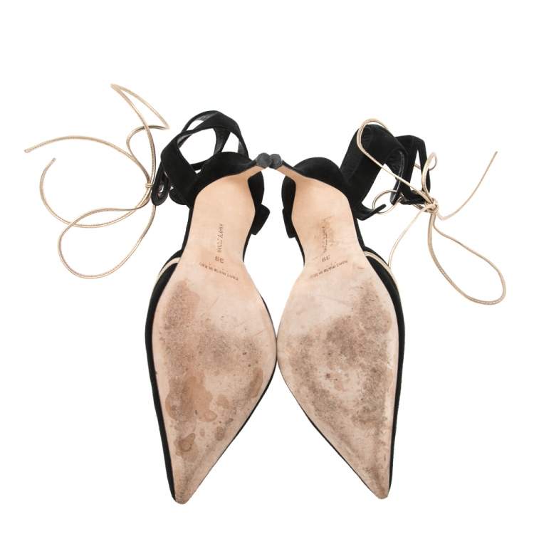 Pre Owned Manolo Blahnik Black Suede Pointed Toe Ankle Tie Sandals Size 39