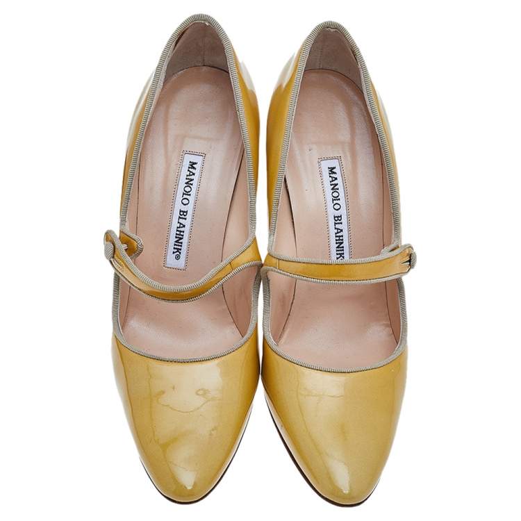 Pre Owned Manolo Blahnik Yellow Patent Leather Mary Jane Pumps Size 39