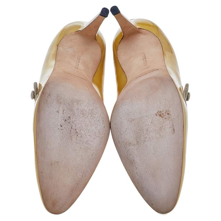 Pre Owned Manolo Blahnik Yellow Patent Leather Mary Jane Pumps Size 39