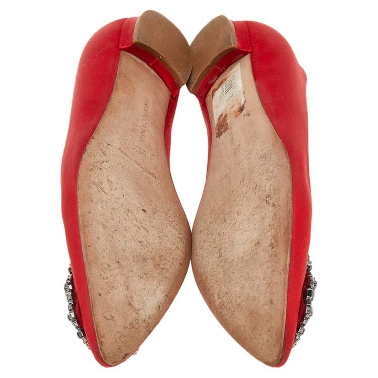 Pre Owned Manolo Blahnik Red Satin Hangisi Ballet Flats Size 35.5