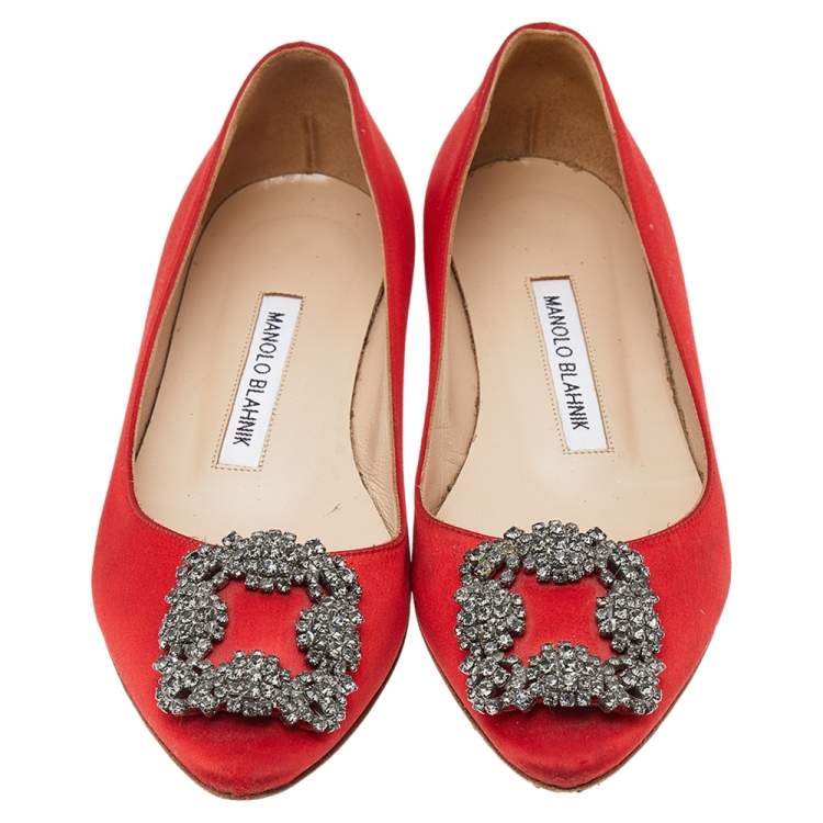 Pre Owned Manolo Blahnik Red Satin Hangisi Ballet Flats Size 35.5