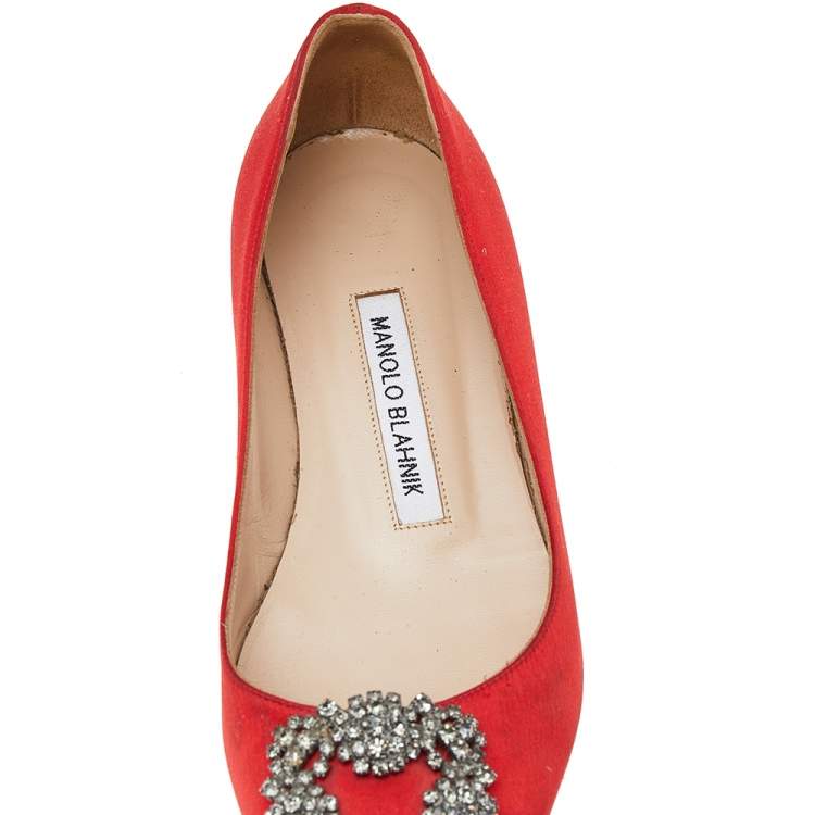 Pre Owned Manolo Blahnik Red Satin Hangisi Ballet Flats Size 35.5