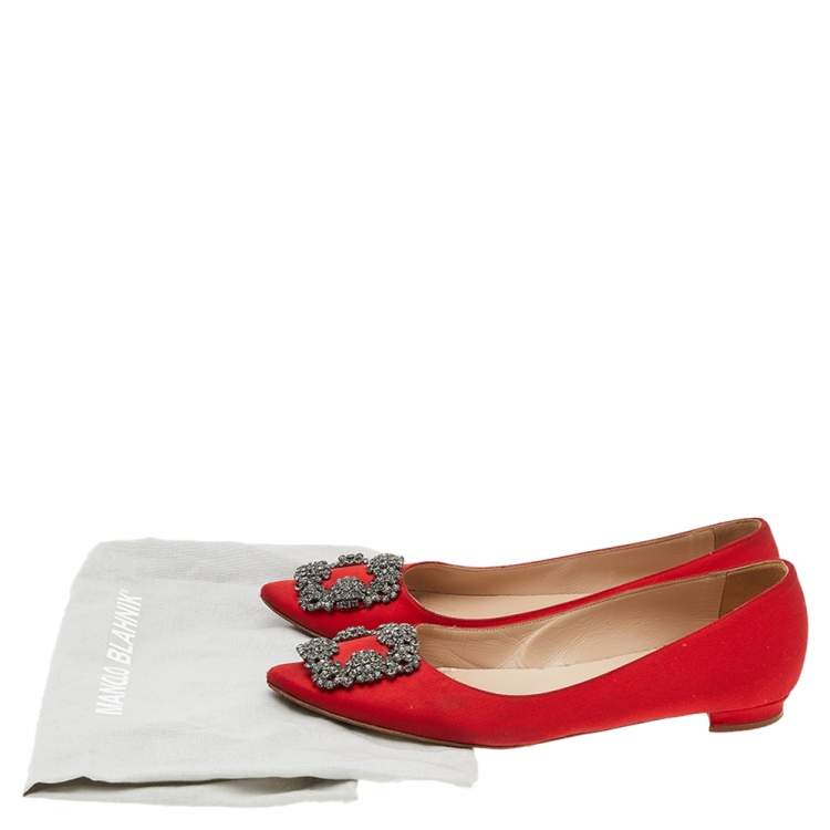 Pre Owned Manolo Blahnik Red Satin Hangisi Ballet Flats Size 35.5