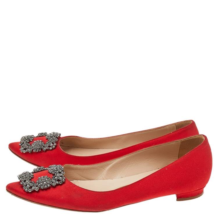 Pre Owned Manolo Blahnik Red Satin Hangisi Ballet Flats Size 35.5