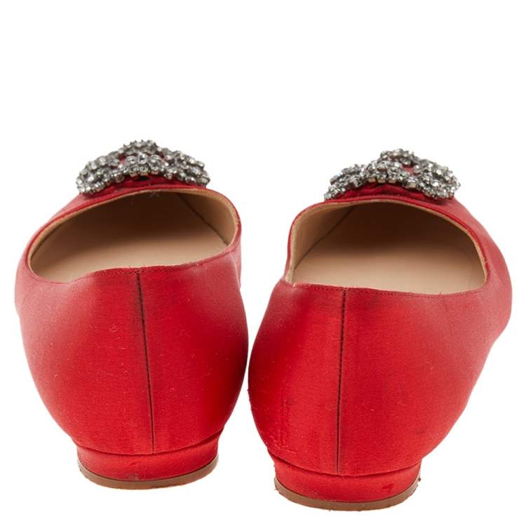 Pre Owned Manolo Blahnik Red Satin Hangisi Ballet Flats Size 35.5