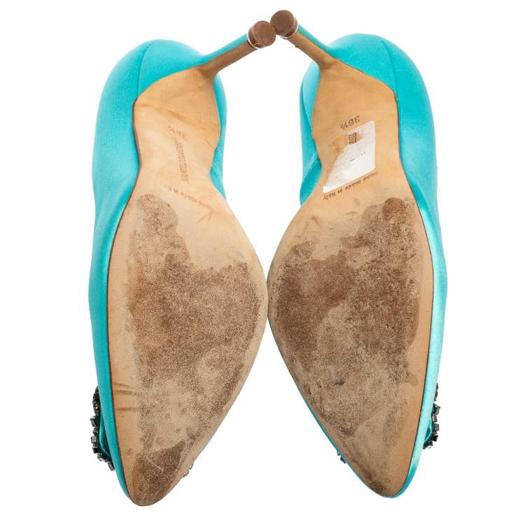Pre Owned Manolo Blahnik Blue Satin Hangisi Embellished Pumps Size 36.5