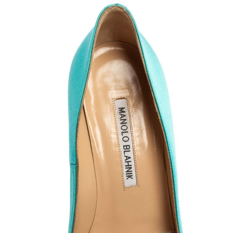 Pre Owned Manolo Blahnik Blue Satin Hangisi Embellished Pumps Size 36.5