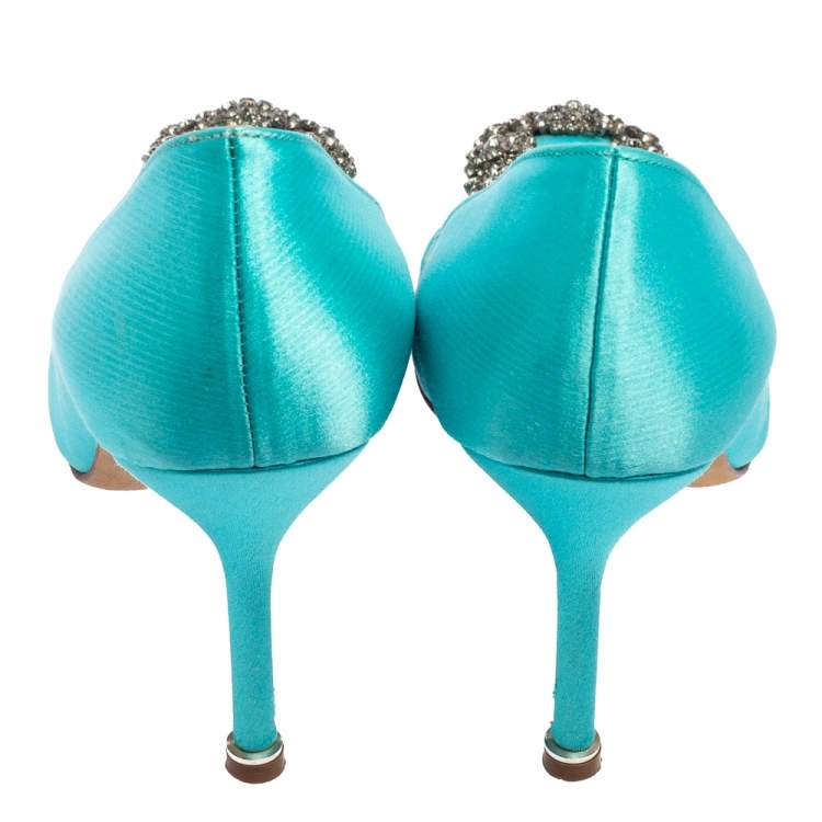 Pre Owned Manolo Blahnik Blue Satin Hangisi Embellished Pumps Size 36.5