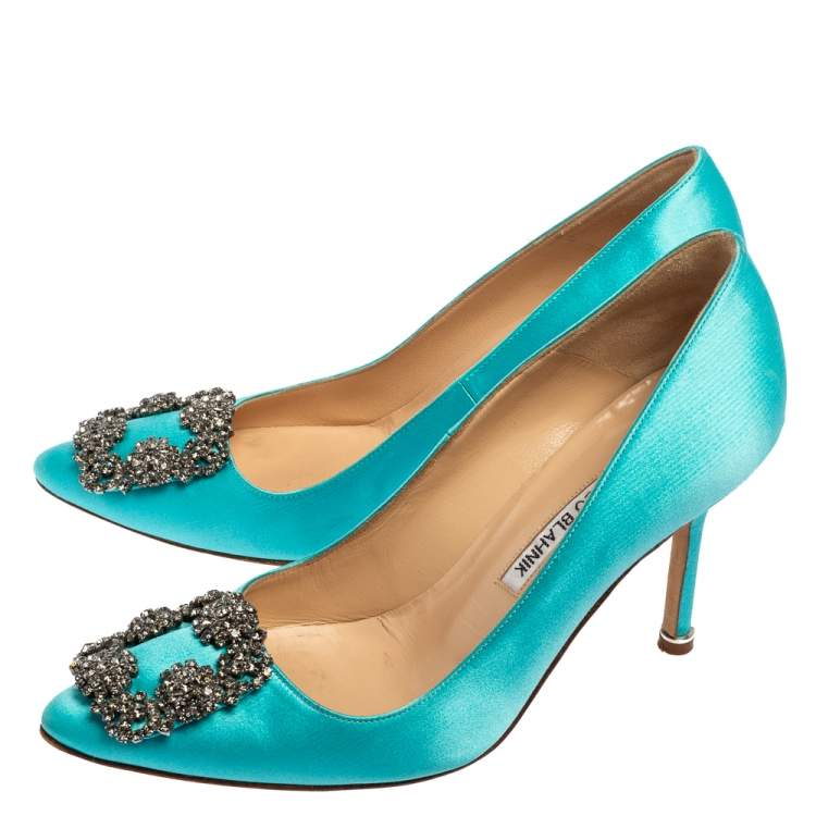 Pre Owned Manolo Blahnik Blue Satin Hangisi Embellished Pumps Size 36.5