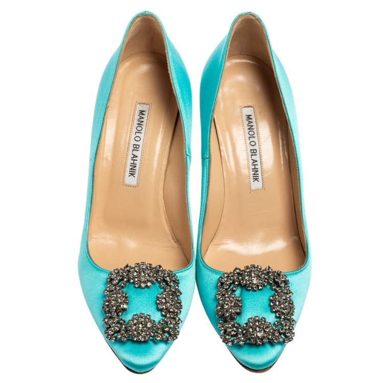 Pre Owned Manolo Blahnik Blue Satin Hangisi Embellished Pumps Size 36.5