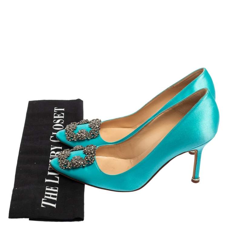 Pre Owned Manolo Blahnik Blue Satin Hangisi Embellished Pumps Size 36.5