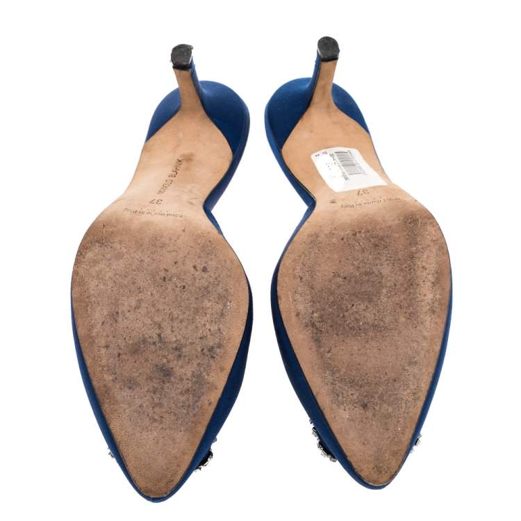 Pre Owned Manolo Blahnik Blue Satin Hangisi Embellished Mules Sandals Size 37
