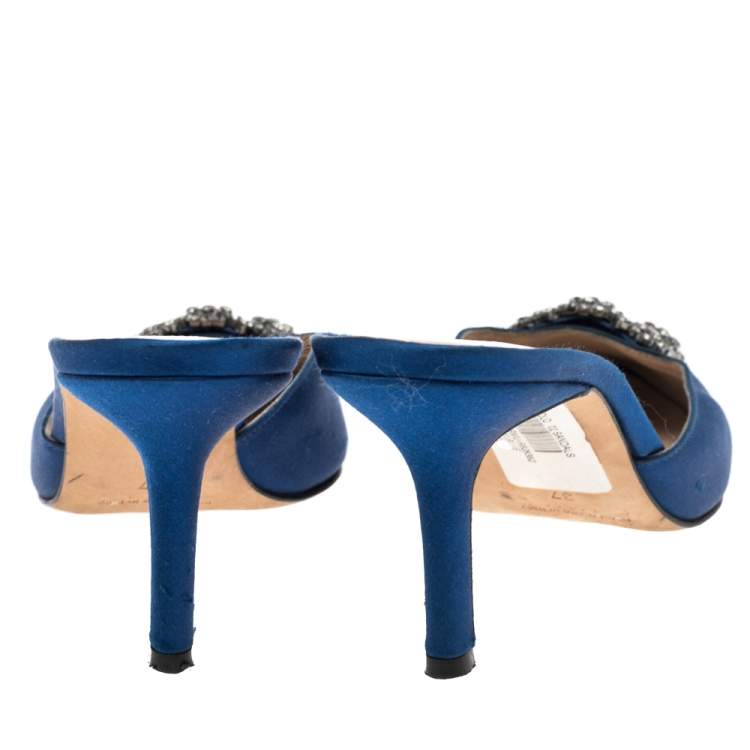 Pre Owned Manolo Blahnik Blue Satin Hangisi Embellished Mules Sandals Size 37