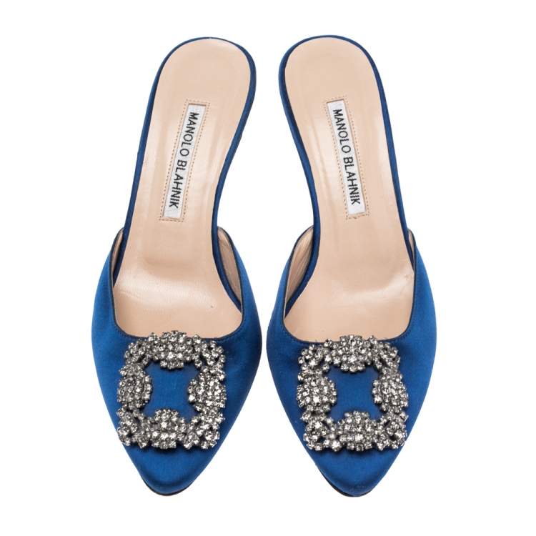 Pre Owned Manolo Blahnik Blue Satin Hangisi Embellished Mules Sandals Size 37
