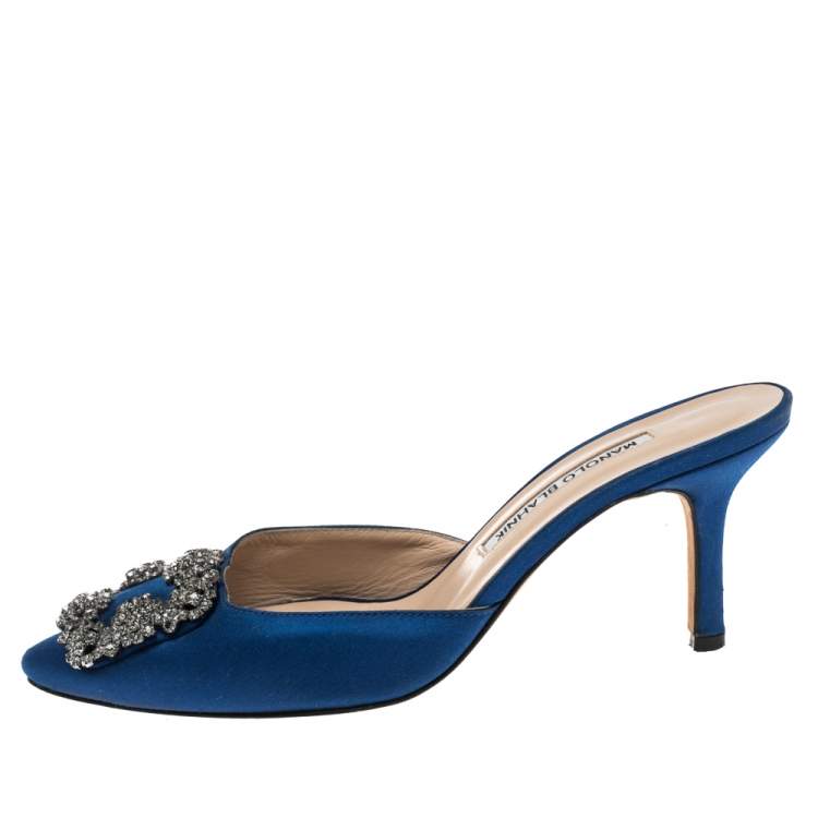 Pre Owned Manolo Blahnik Blue Satin Hangisi Embellished Mules Sandals Size 37