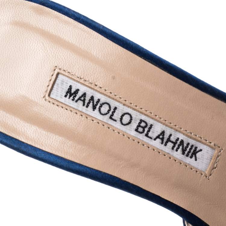Pre Owned Manolo Blahnik Blue Satin Hangisi Embellished Mules Sandals Size 37