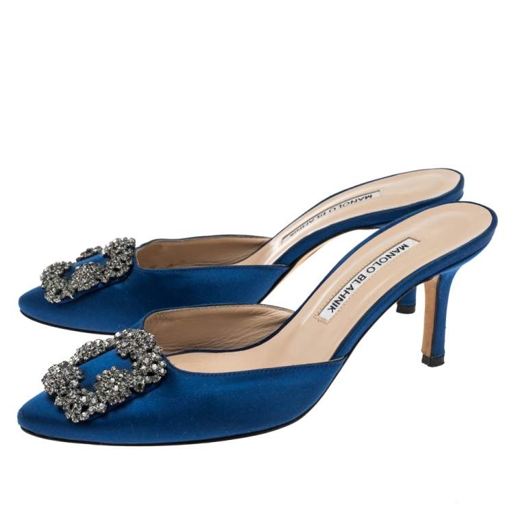 Pre Owned Manolo Blahnik Blue Satin Hangisi Embellished Mules Sandals Size 37