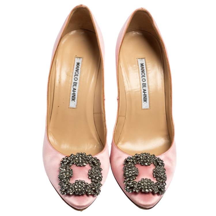 Pre Owned Manolo Blahnik Pink Satin  Crystal Embellished  Hangisi Pumps Size 37