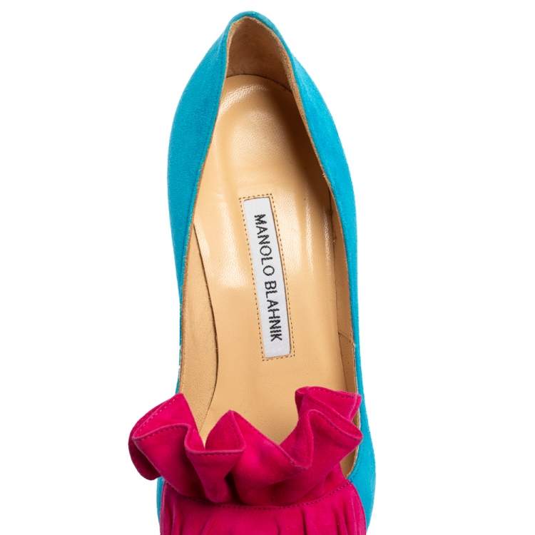 Pre Owned Manolo Blahnik Blue/Pink Suede Leather Arleti Frill Pumps Size 37.5
