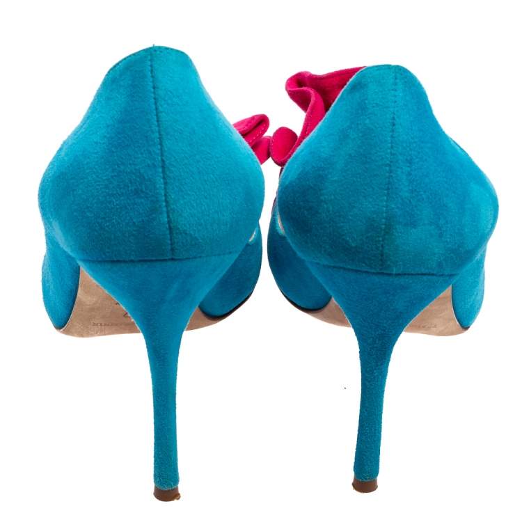 Pre Owned Manolo Blahnik Blue/Pink Suede Leather Arleti Frill Pumps Size 37.5