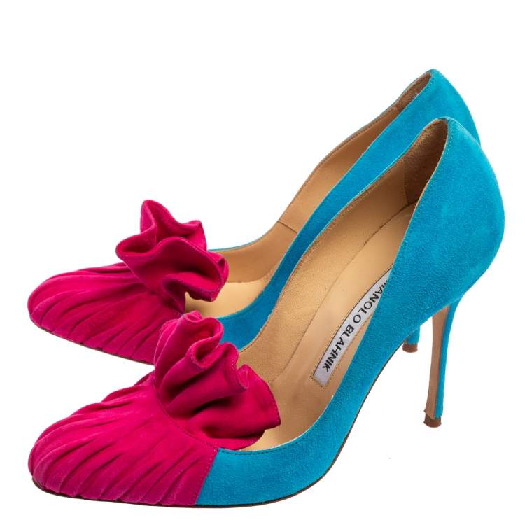 Pre Owned Manolo Blahnik Blue/Pink Suede Leather Arleti Frill Pumps Size 37.5