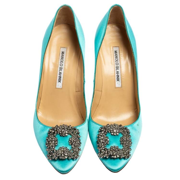 Pre Owned Manolo Blahnik Blue Satin Hangisi Pumps Size 37