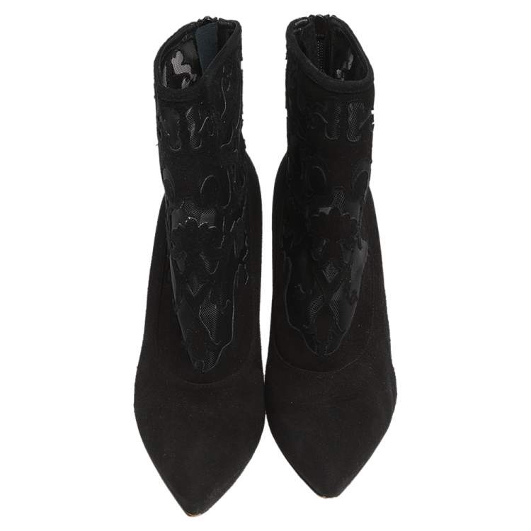 Pre Owned Manolo Blahnik Black Suede And Mesh Ankle Boots Size 37.5