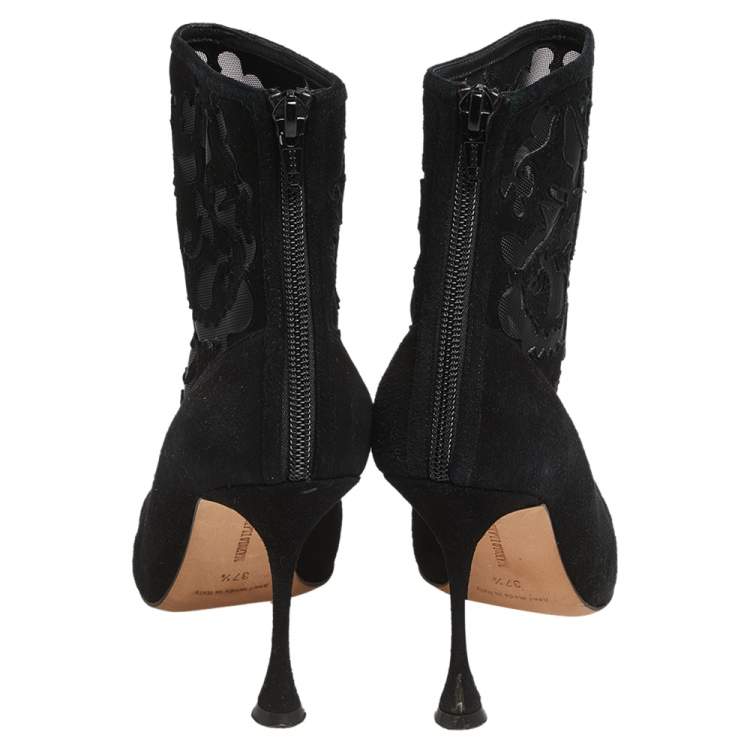 Pre Owned Manolo Blahnik Black Suede And Mesh Ankle Boots Size 37.5