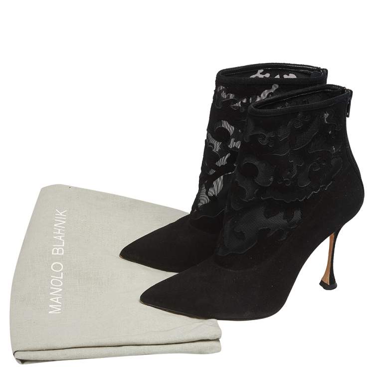 Pre Owned Manolo Blahnik Black Suede And Mesh Ankle Boots Size 37.5