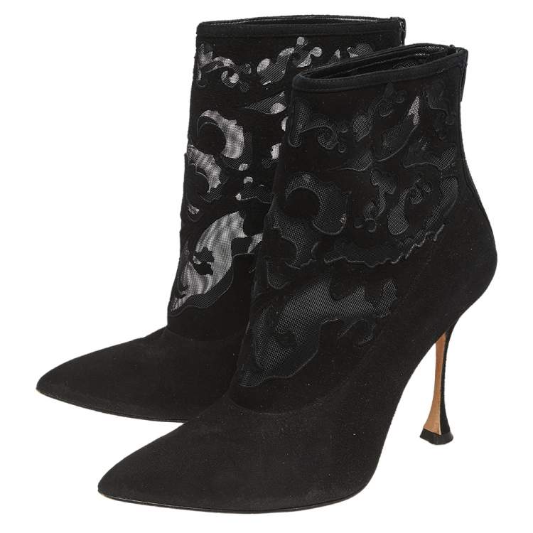 Pre Owned Manolo Blahnik Black Suede And Mesh Ankle Boots Size 37.5