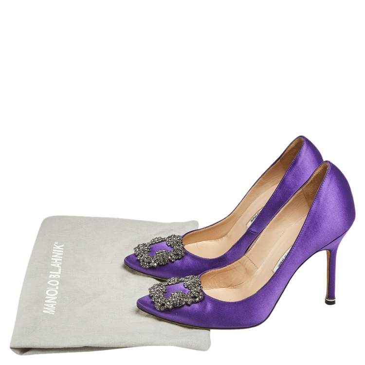 Pre Owned Manolo Blahnik Purple Satin Hangisi Crystal Embellished Pointed Toe Pumps Size 37