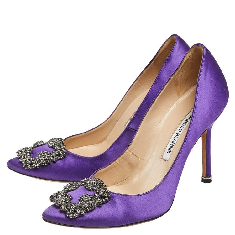 Pre Owned Manolo Blahnik Purple Satin Hangisi Crystal Embellished Pointed Toe Pumps Size 37