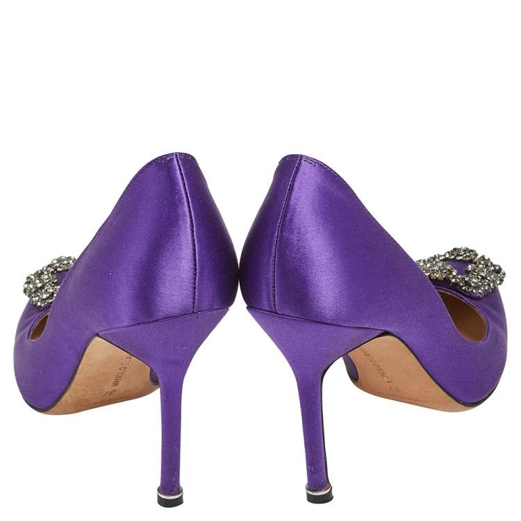 Pre Owned Manolo Blahnik Purple Satin Hangisi Crystal Embellished Pointed Toe Pumps Size 37